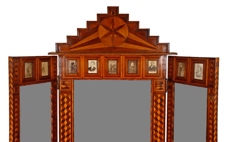 19th Century Exceptional Folk Art Marquetry Stand with Tri-fold Mirror For Sale