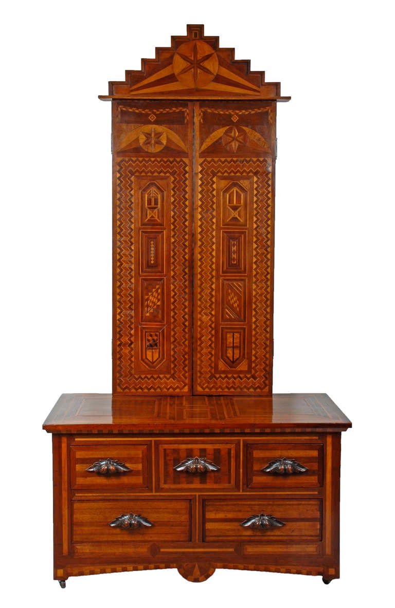 American Exceptional Folk Art Marquetry Stand with Tri-fold Mirror For Sale