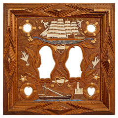 Fine Nautical Themed Tramp Art Frame with Relief Carvings