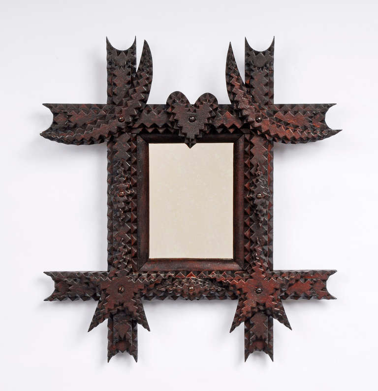 Tramp Art Mirror Frame with Stars, Half Moons and a Heart