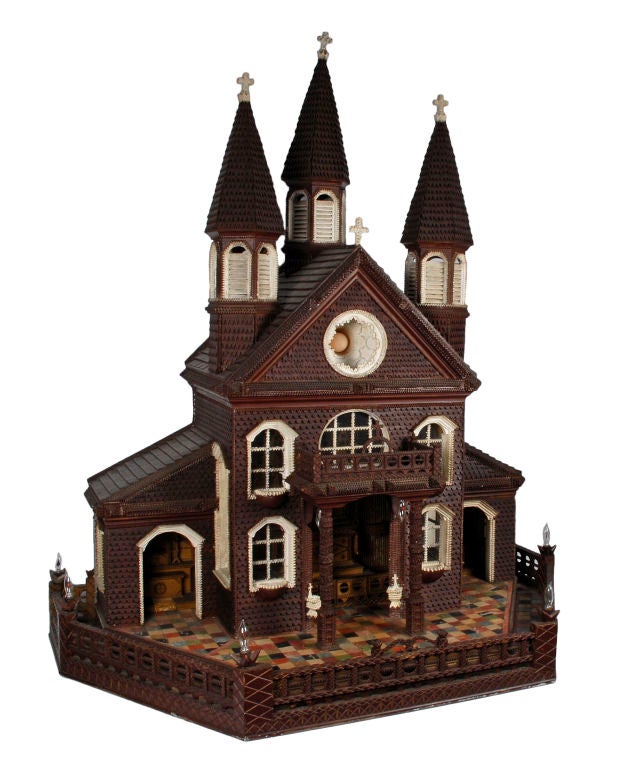 Masterpiece tramp art model church by John Kozimor, who started work on this amazing devotional folk art gem in 1919 and took over 30 years to complete. Kozimor while living in upstate NY made this church from a memory of one from his hometown in