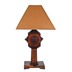Fine Tramp Art Table Lamp w a Drawer and Two Color Inlaid Wood