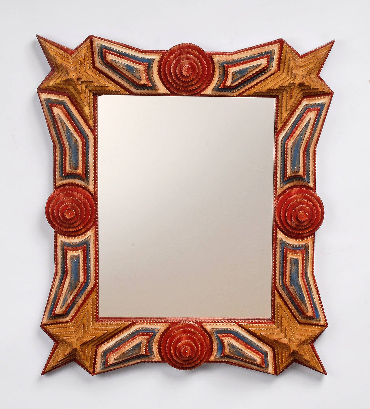 An inspired patriotic stars and stripes Tramp Art mirror by contemporary artist Angie Dow.
