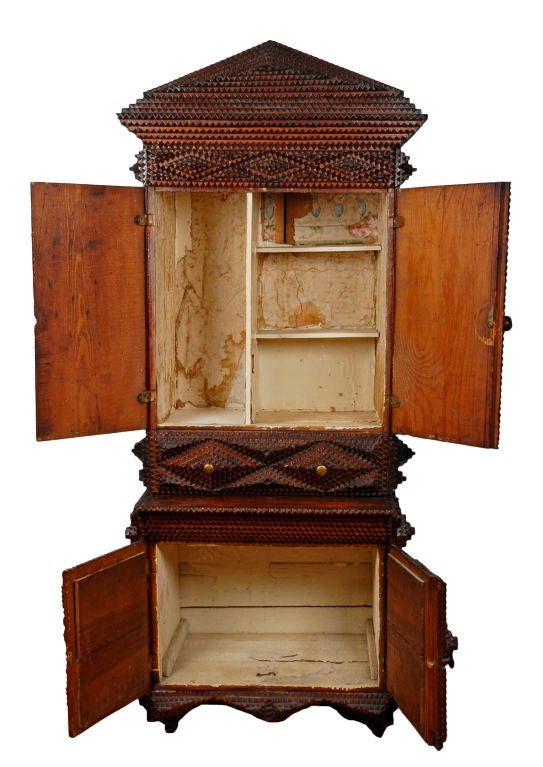 19th Century Boldly Executed Tramp Art Two Piece Cupboard