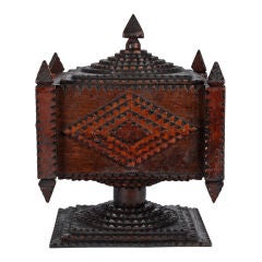 Fine Tramp Art Pedestal Box with Carved Finials
