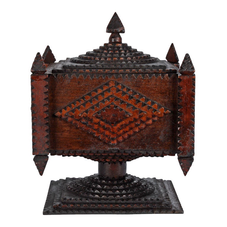 Fine Tramp Art Pedestal Box with Carved Finials