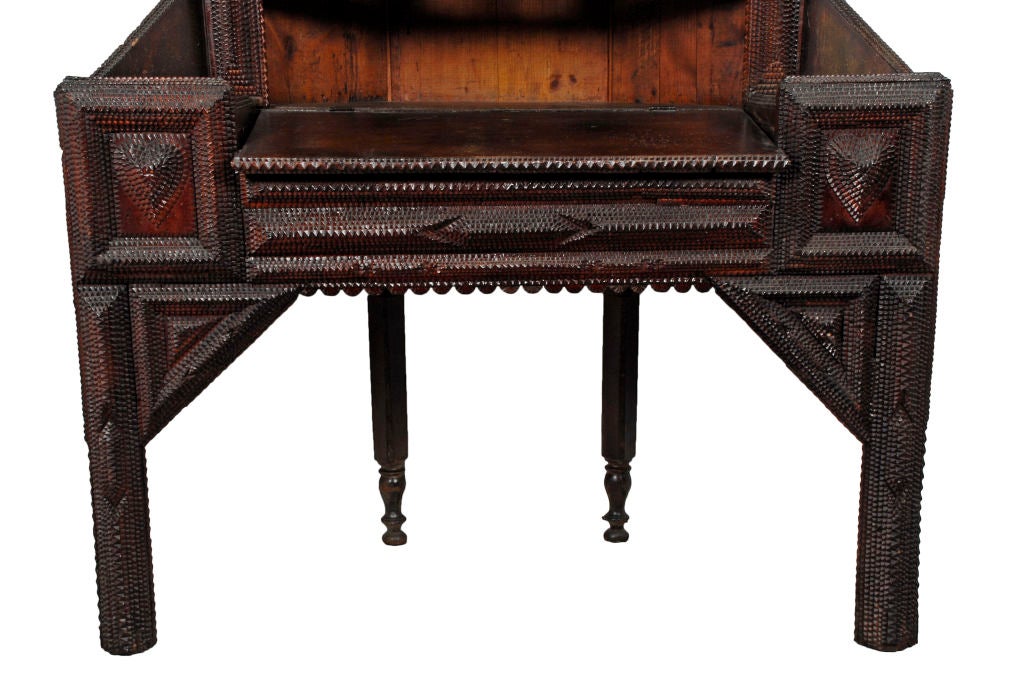 This exceptional masterpiece tramp art corner secretary cupboard was featured in the March 2012 issue of the Art & Antiques Magazine in the 'Objects of Desire' column on page 24 and 25. An amazing piece of folk art ingenuity made entirely from