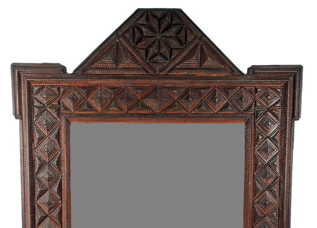 Robust Tramp Art Mirror Frame with an Apex Star Decorated Top