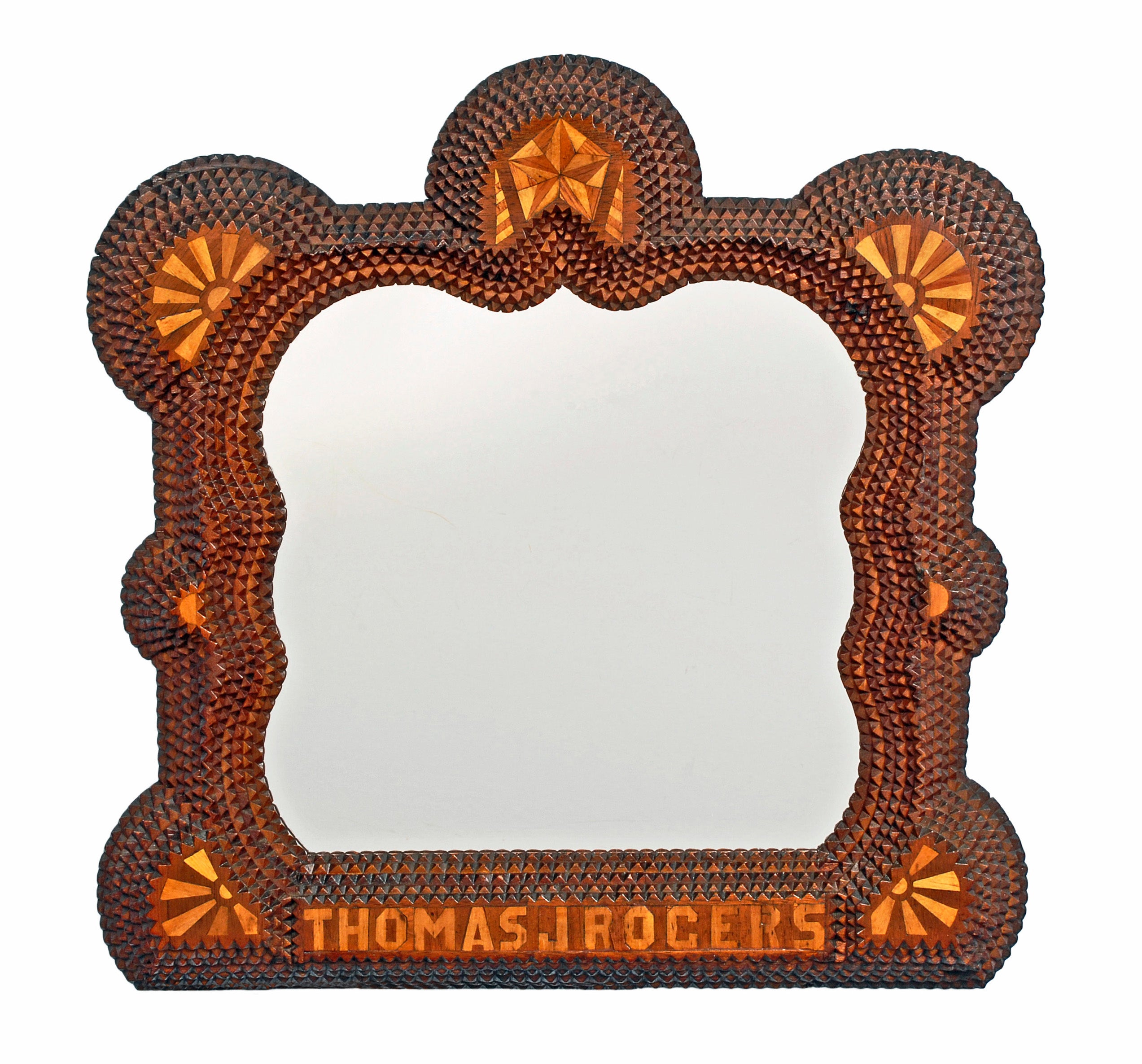 Tramp Art Mirror with Folk Marquetry For Sale