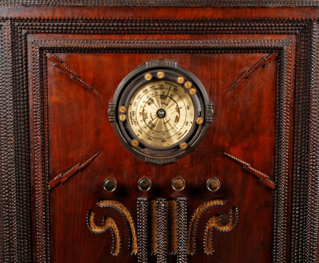 Mid-20th Century Handsome Tramp Art Folk Art Radio Cabinet w Lyre Lightning Bolts
