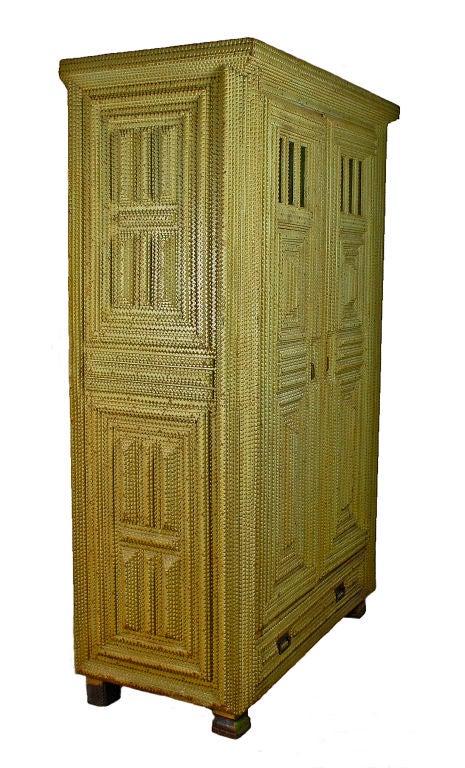 Impressive  Tramp Art  Painted Wardrobe w Pressed Glass Inserts