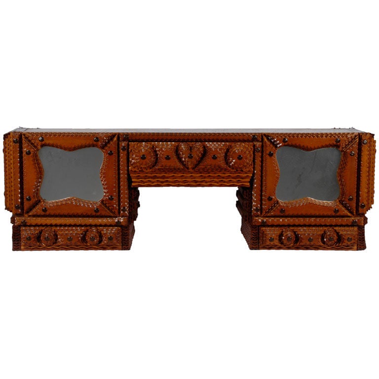 Tramp Art Mantle Shelf w Secret Compartments, Heart & Mirrors