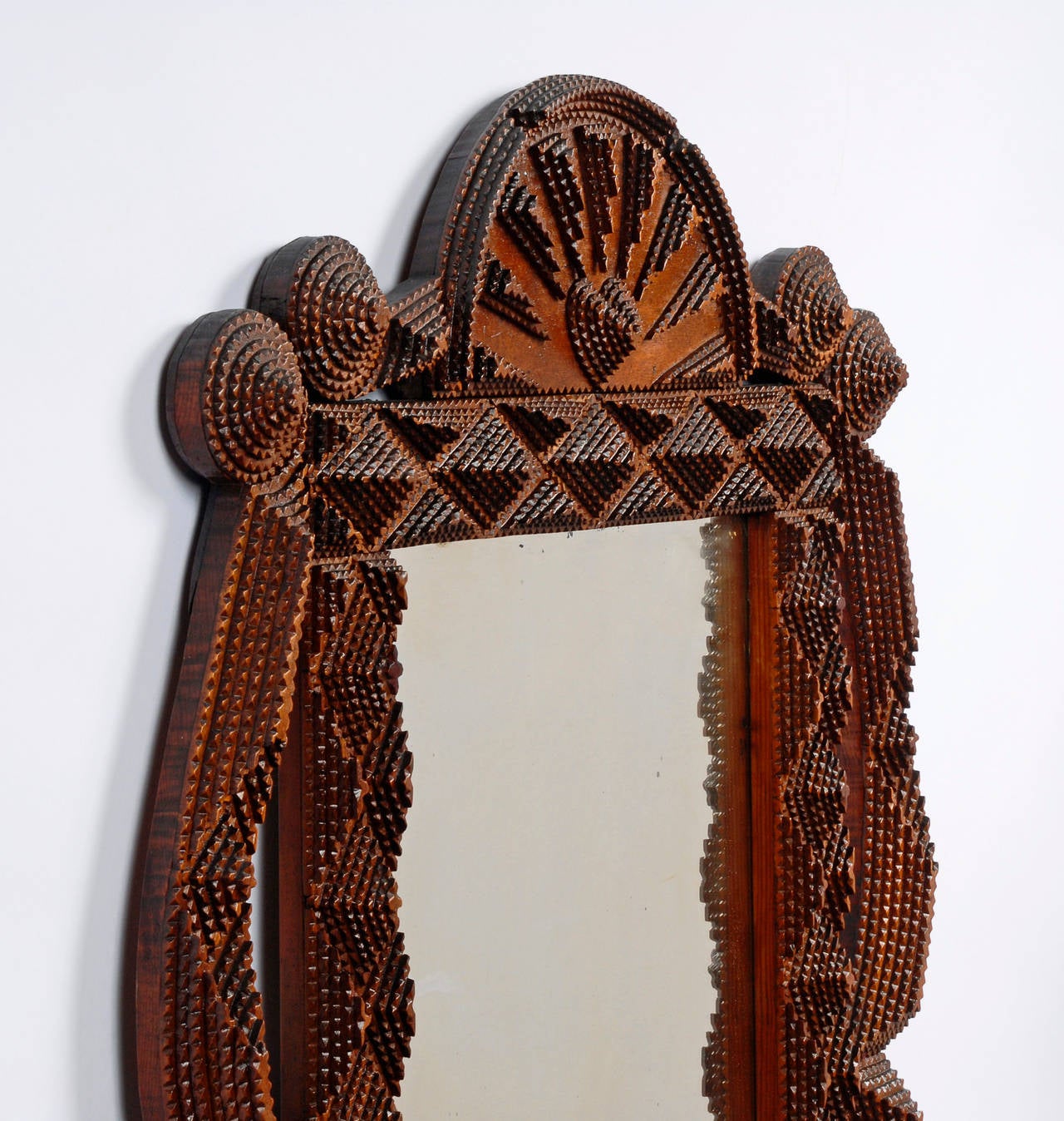 Early 20th Century Fluid Tramp Art Mirror with Fan Top For Sale