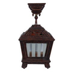 Rare Tramp Art Chandelier with Frosted and Colored Glass Panels