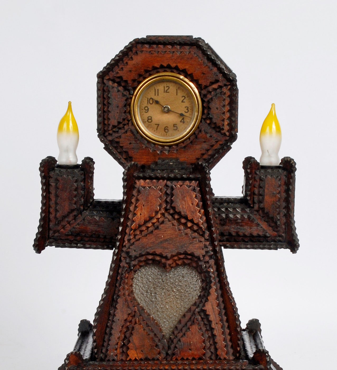 Mid-20th Century Tramp Art Lamp with Clock & Hearts For Sale