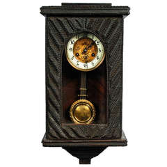 Antique Tramp Art Pendulum Wall Clock with Porcelain Face