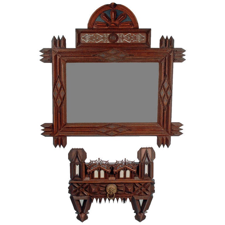 Fanciful Robust Mirror with House Shaped Companion Shelf For Sale