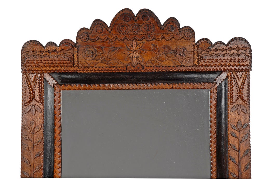 Tramp Art Mirror Frame with Fine Carved Embellishments