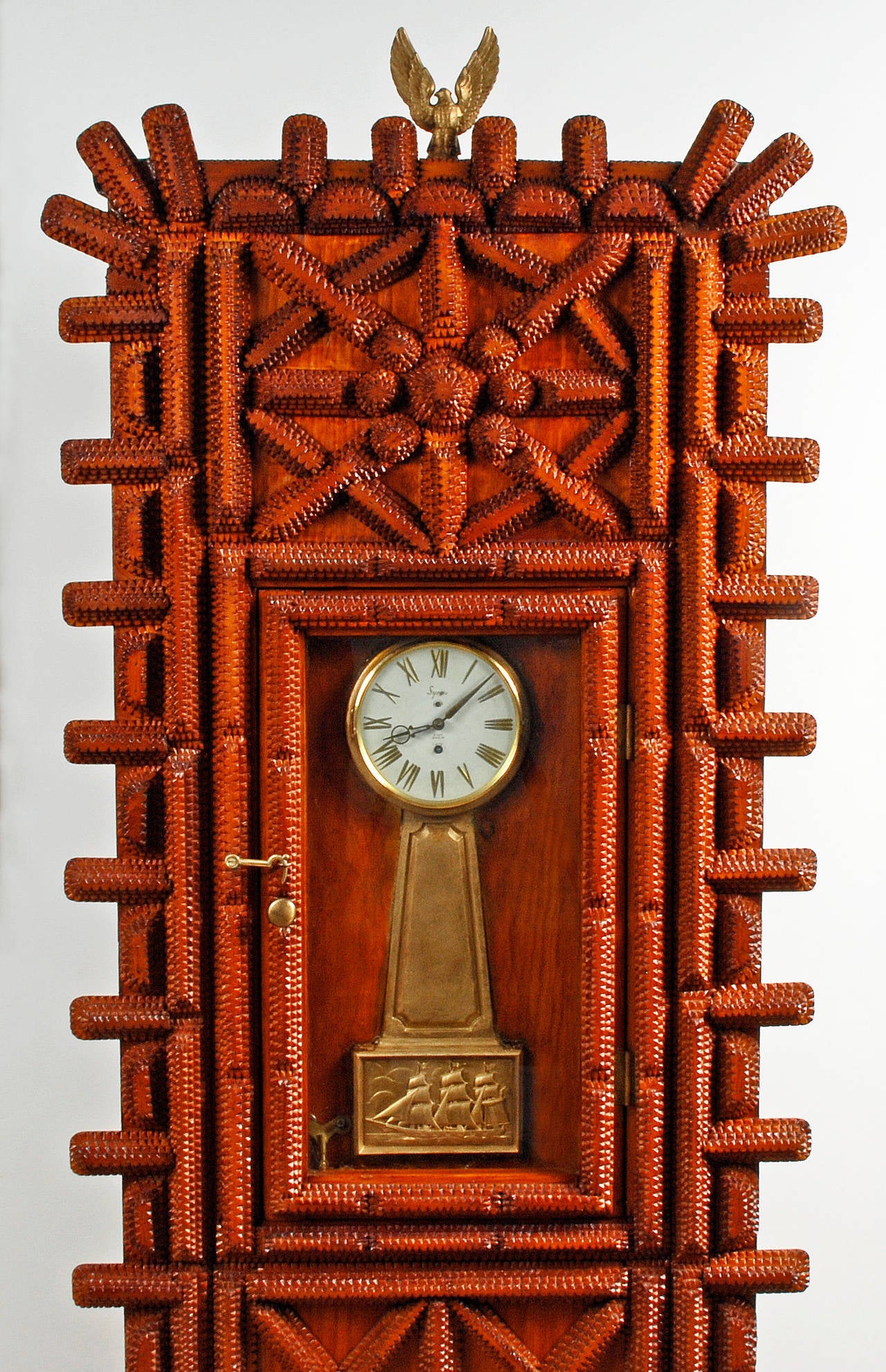 American Striking Tramp Art Grandfather Clock For Sale