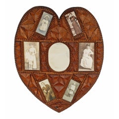 Antique Fine Heart Shaped Tramp Art Portrait Frame with Central Mirror