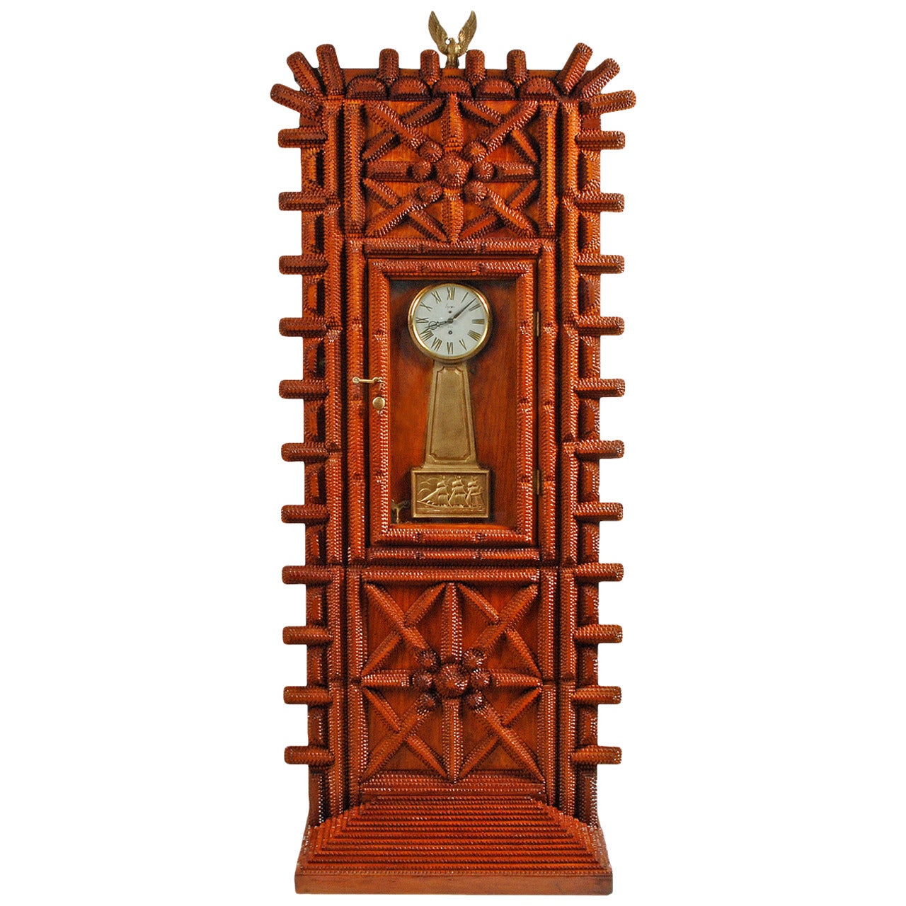 Striking Tramp Art Grandfather Clock For Sale