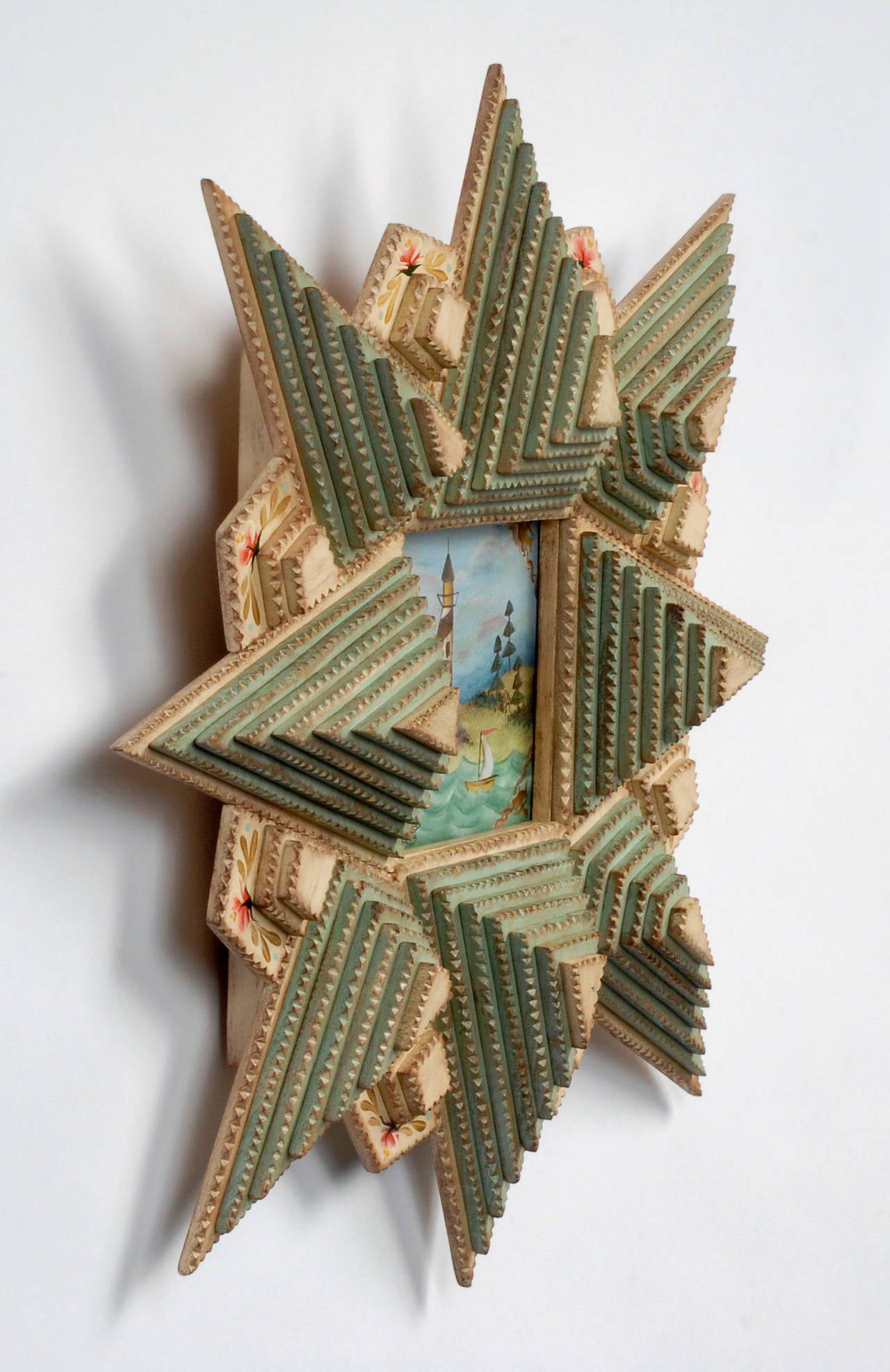 American Star-Shaped Tramp Art Frame with Painting by Angie Dow For Sale