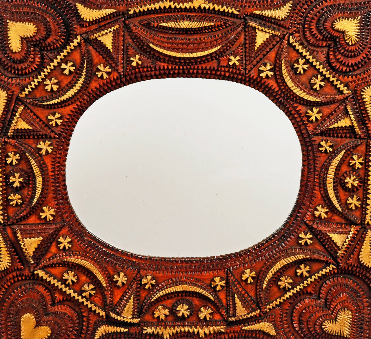 Superb Tramp Art Mirror with Hearts In Excellent Condition For Sale In Manalapan, NJ