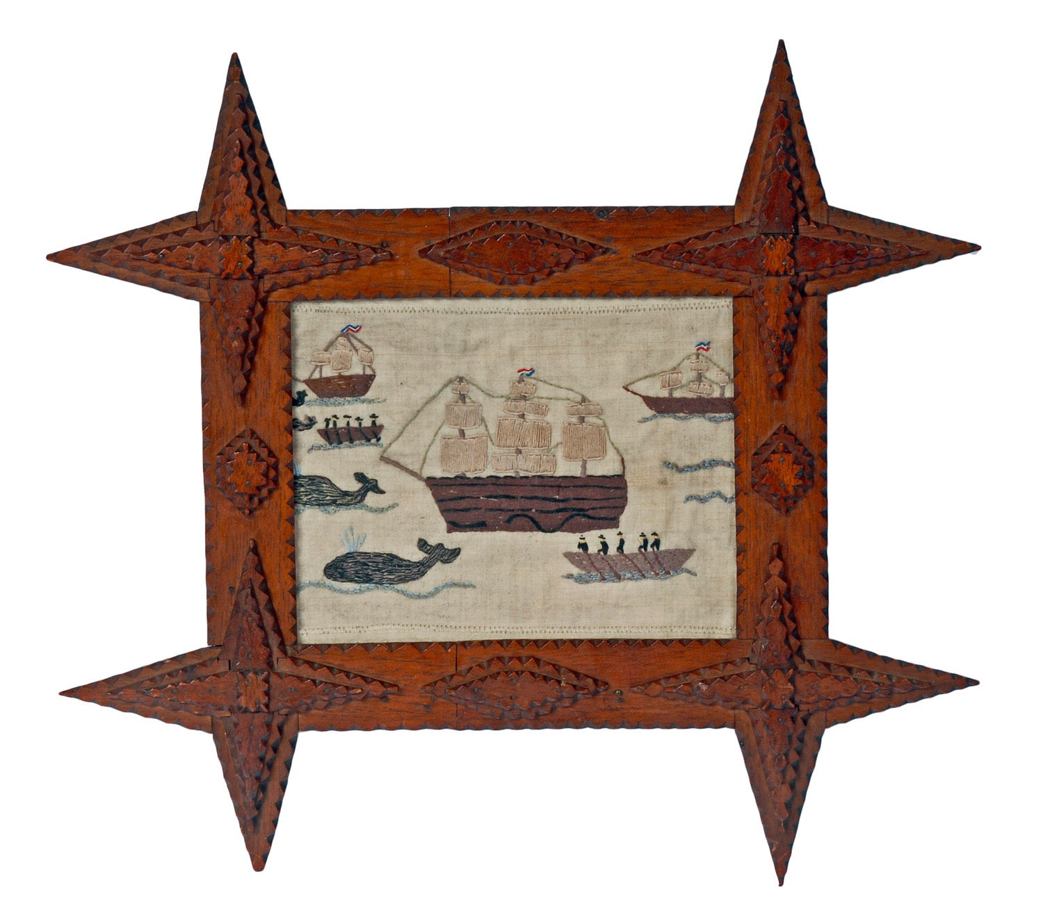 Sampler with Nautical Theme in Tramp Art Frame