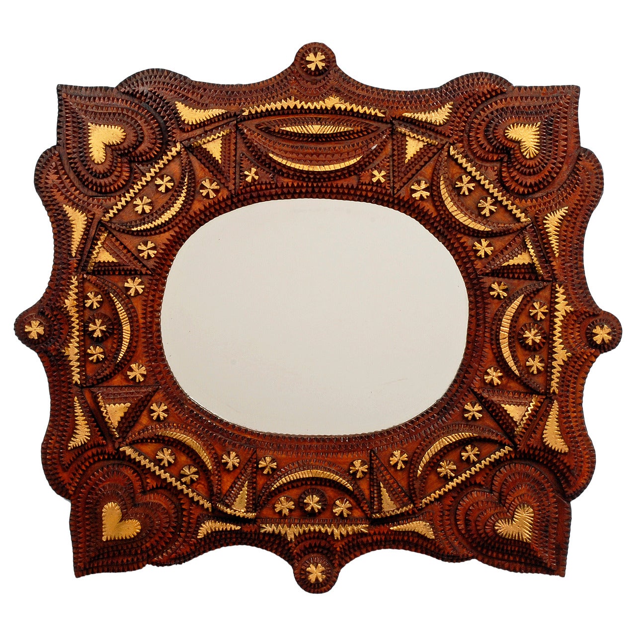 Superb Tramp Art Mirror with Hearts For Sale