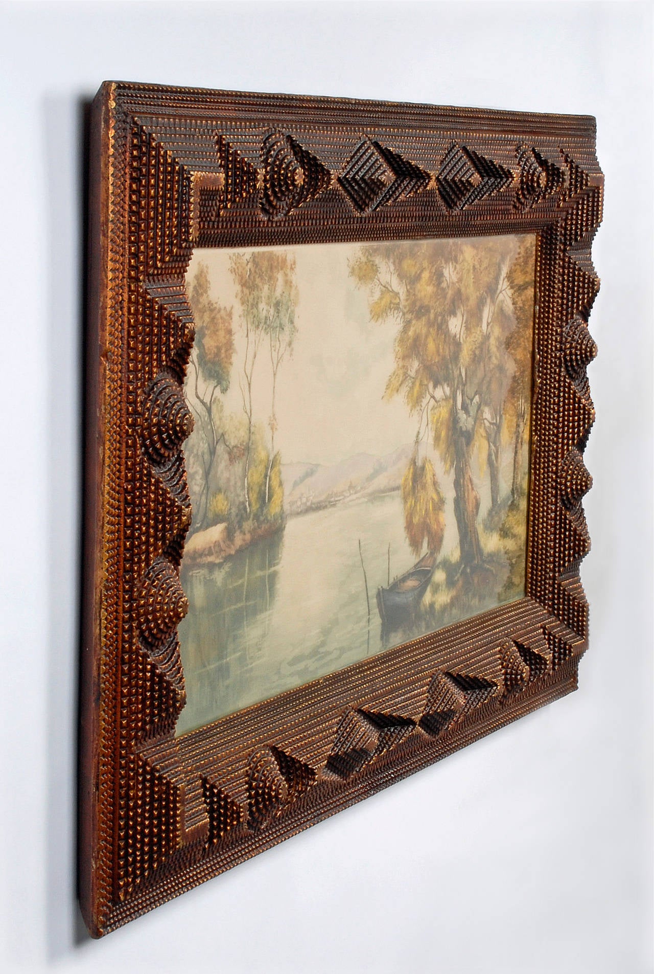 Painted Tramp Art Frame with Lush Pastoral Drawing In Excellent Condition For Sale In Manalapan, NJ