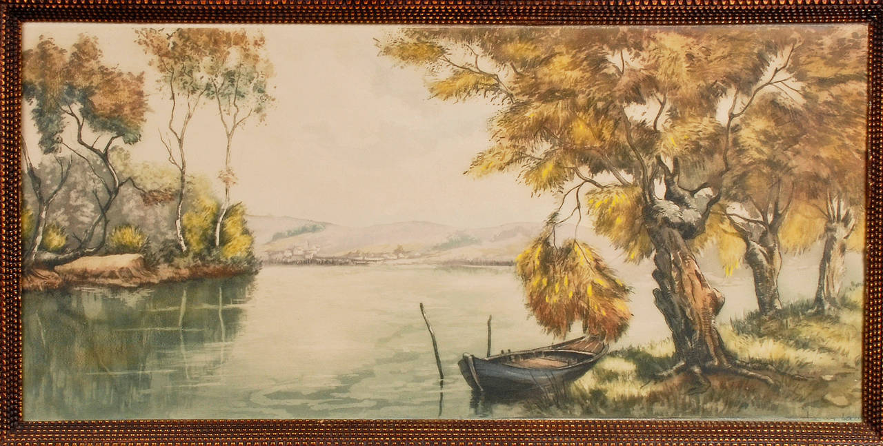 A large Tramp Art painted frame with a lush pastoral pastel drawing. The frame is signed on the back, “Grand Father Miller Made This Frame Year 1900.” The frame is painted a copperish color and is very ornate with an abundance of pyramids and