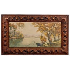 Painted Tramp Art Frame with Lush Pastoral Drawing