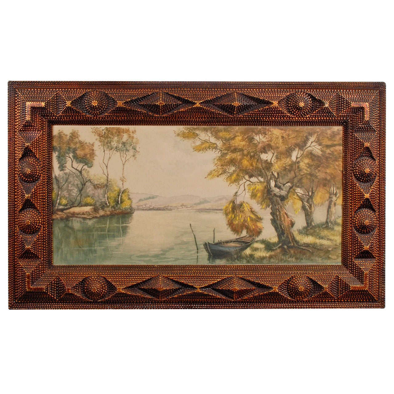 Painted Tramp Art Frame with Lush Pastoral Drawing For Sale
