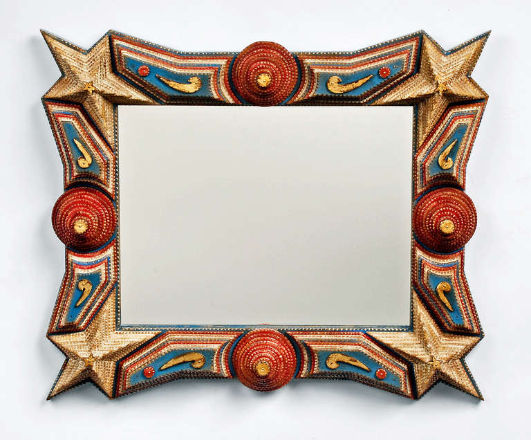 Stars and Stripes tramp art mirror by noted tramp artist Angie Dow. We have been selling historical tramp art for many years and for the first time we have decided to represent a contemporary tramp artist who we believe takes tramp art into the