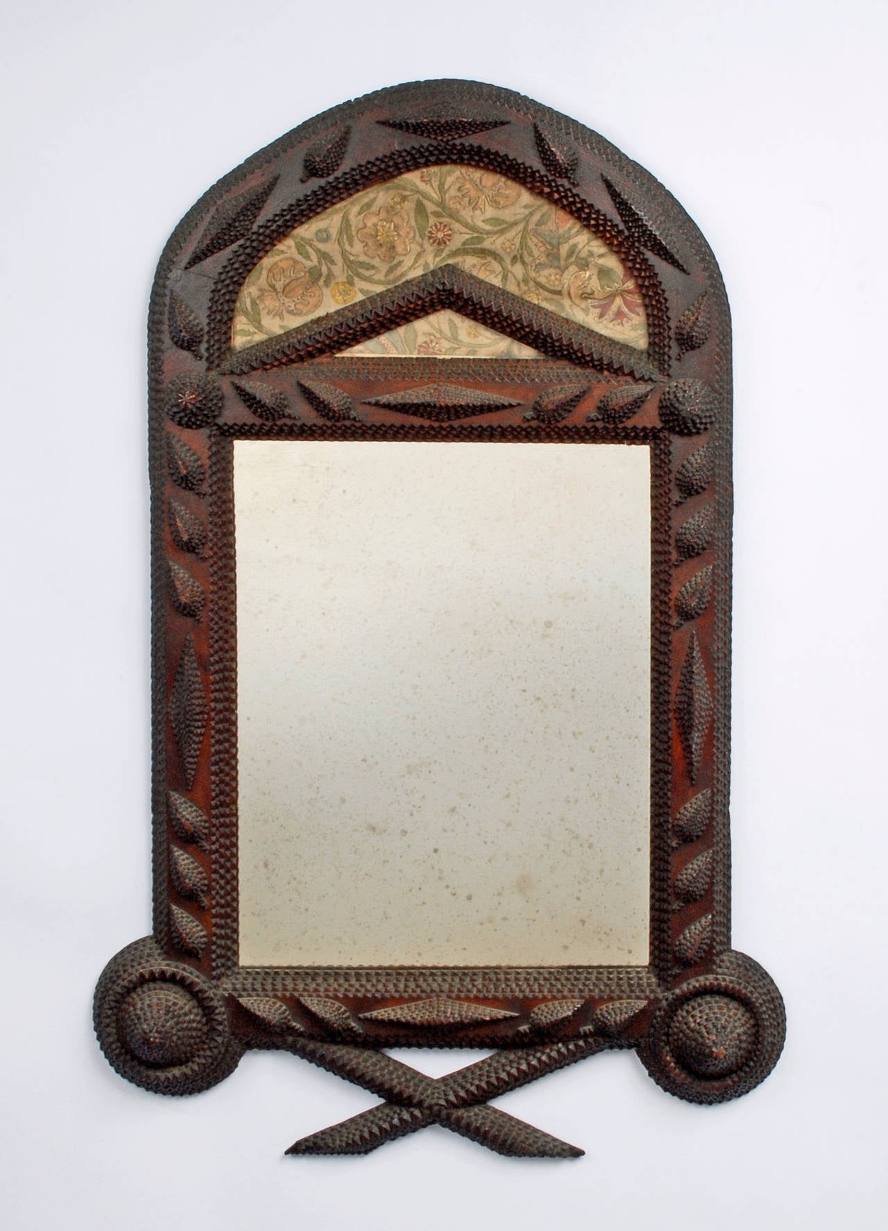 Fanciful Tramp Art Mirror Frame with Arched Top