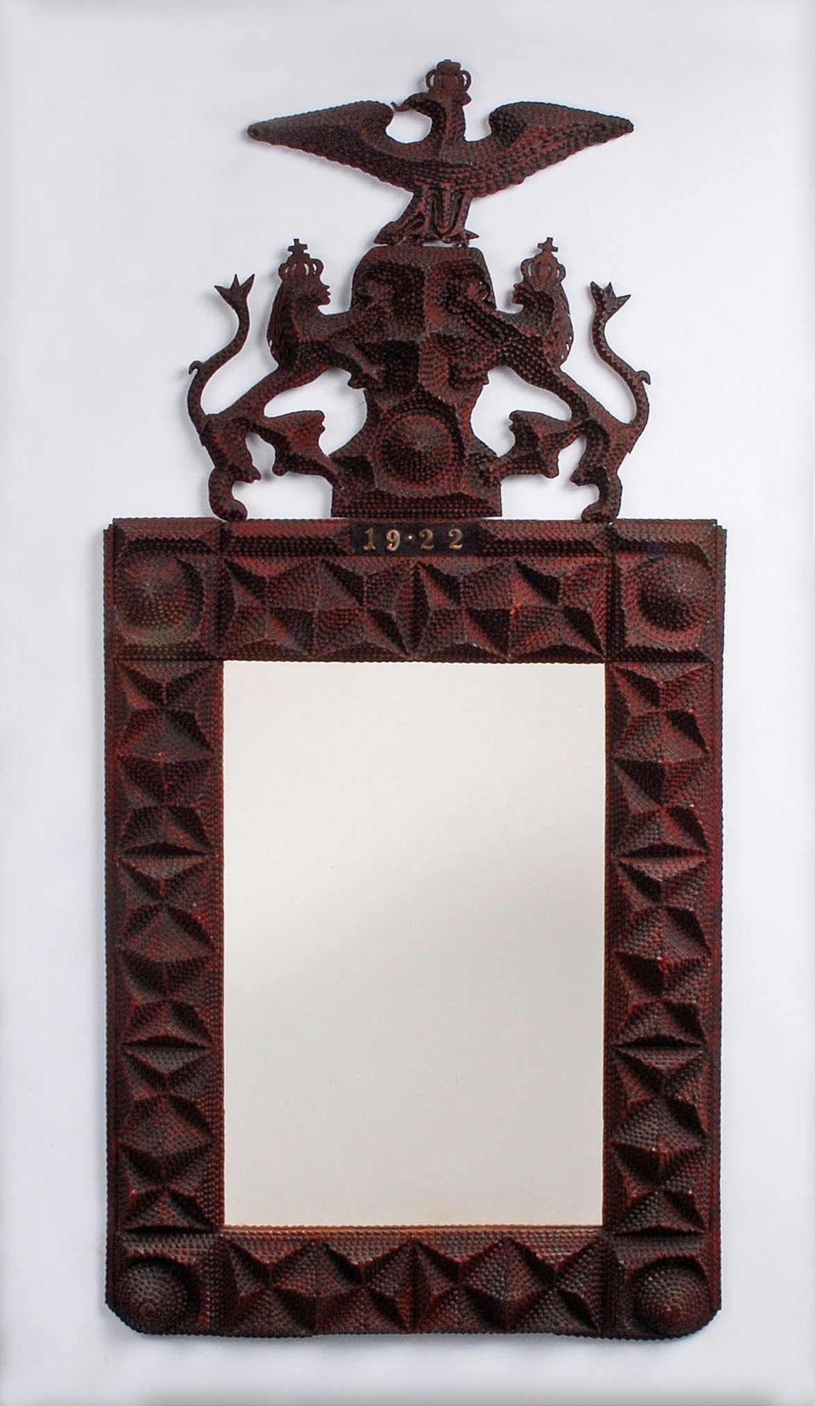 Fine Robust Tramp Art Mirror Frame with Lions & Eagle Dated 1922