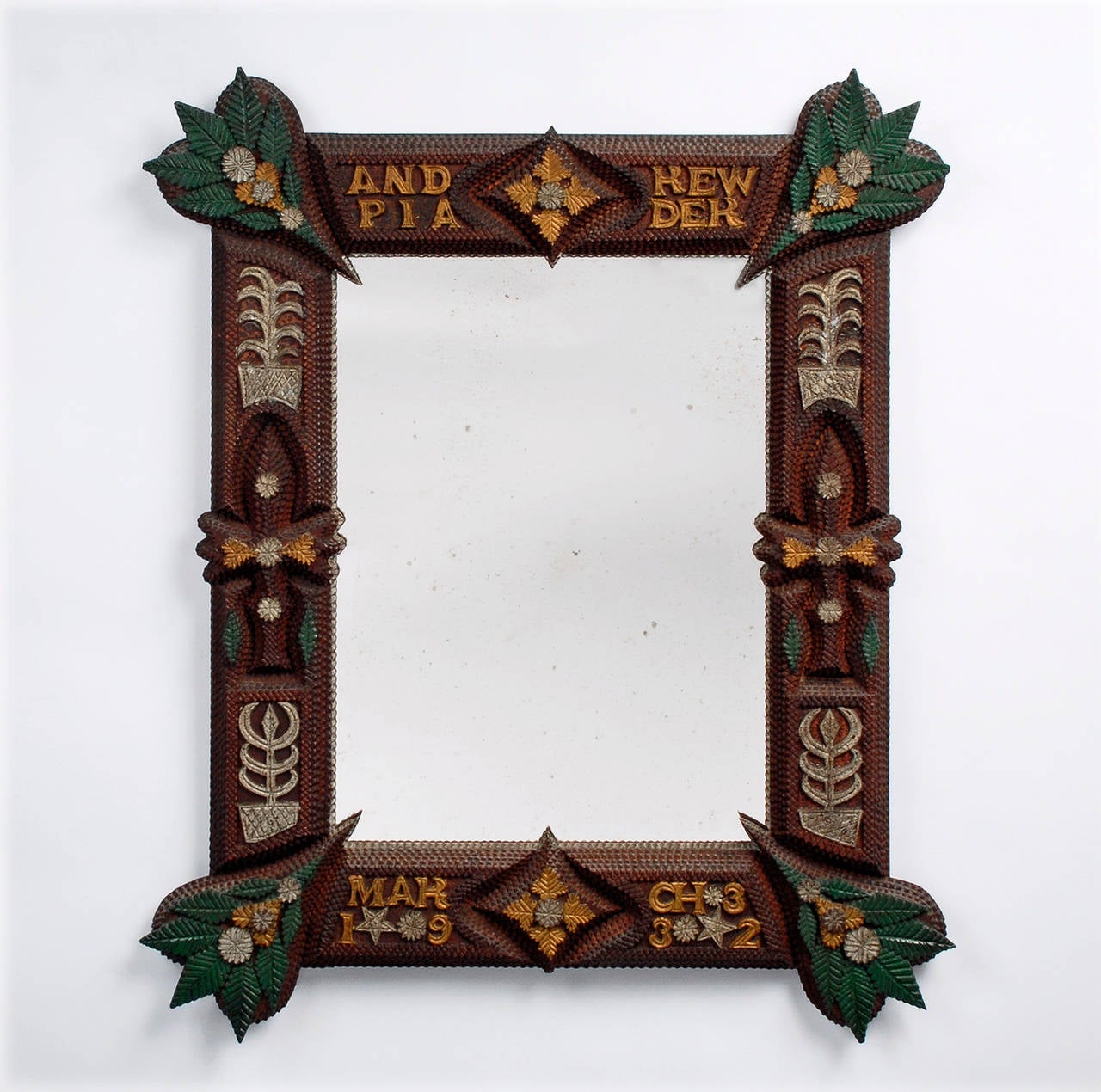 Fine Polychrome Tramp Art Mirror Signed & Dated