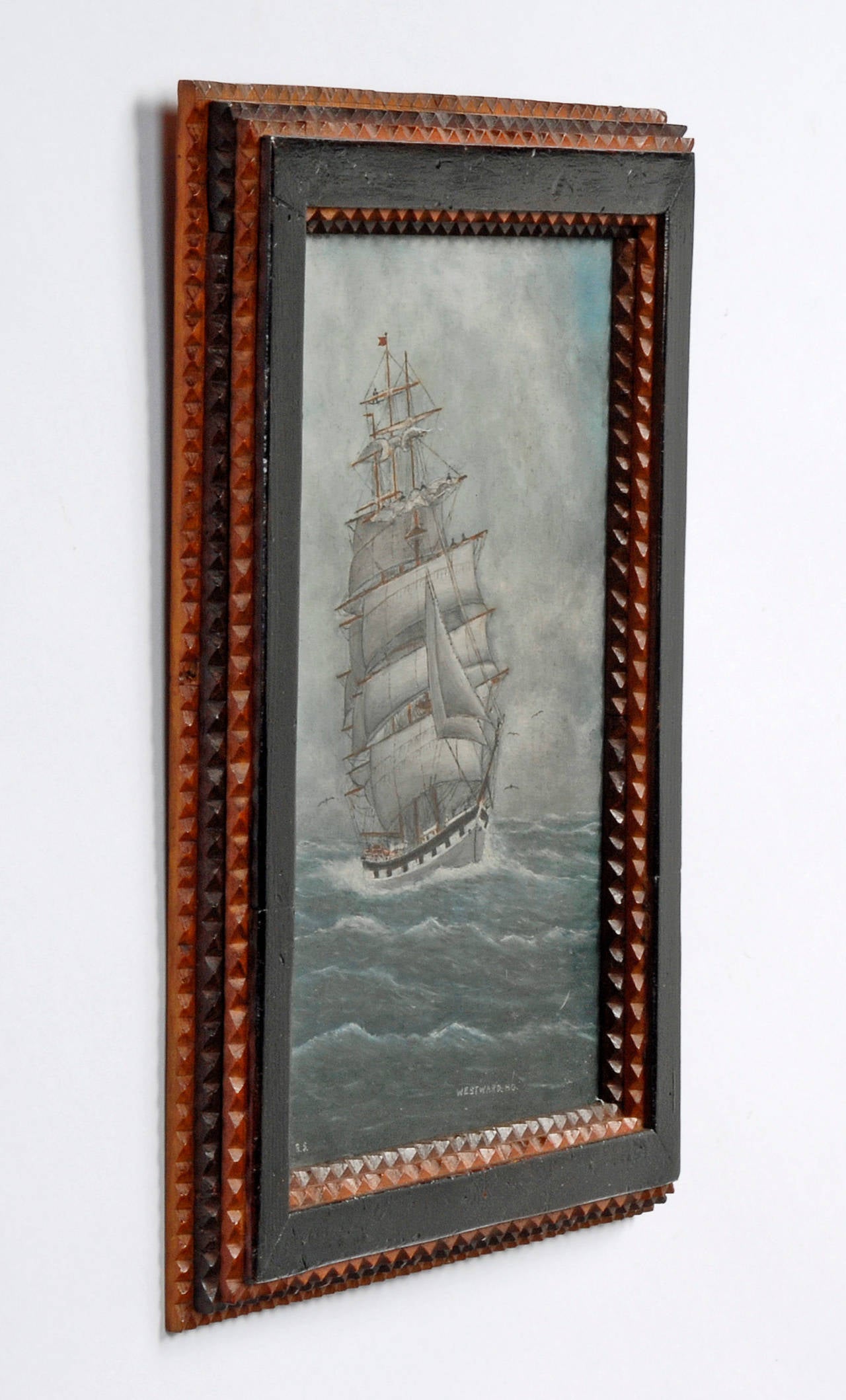 Ship Painting in Tramp Art Frame Signed For Sale 1