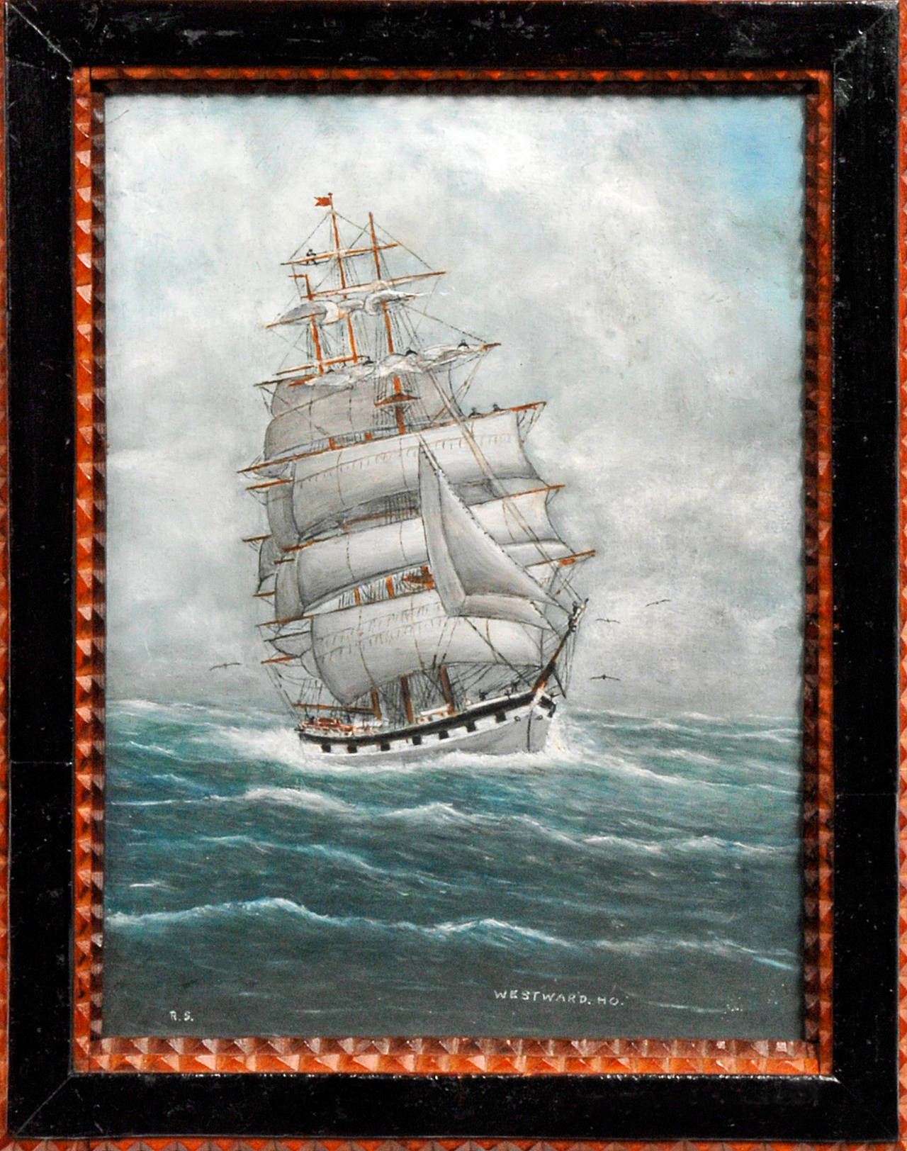 Ship Painting in Tramp Art Frame Signed In Excellent Condition For Sale In Manalapan, NJ