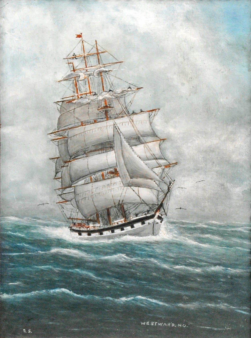 Canadian Ship Painting in Tramp Art Frame Signed For Sale