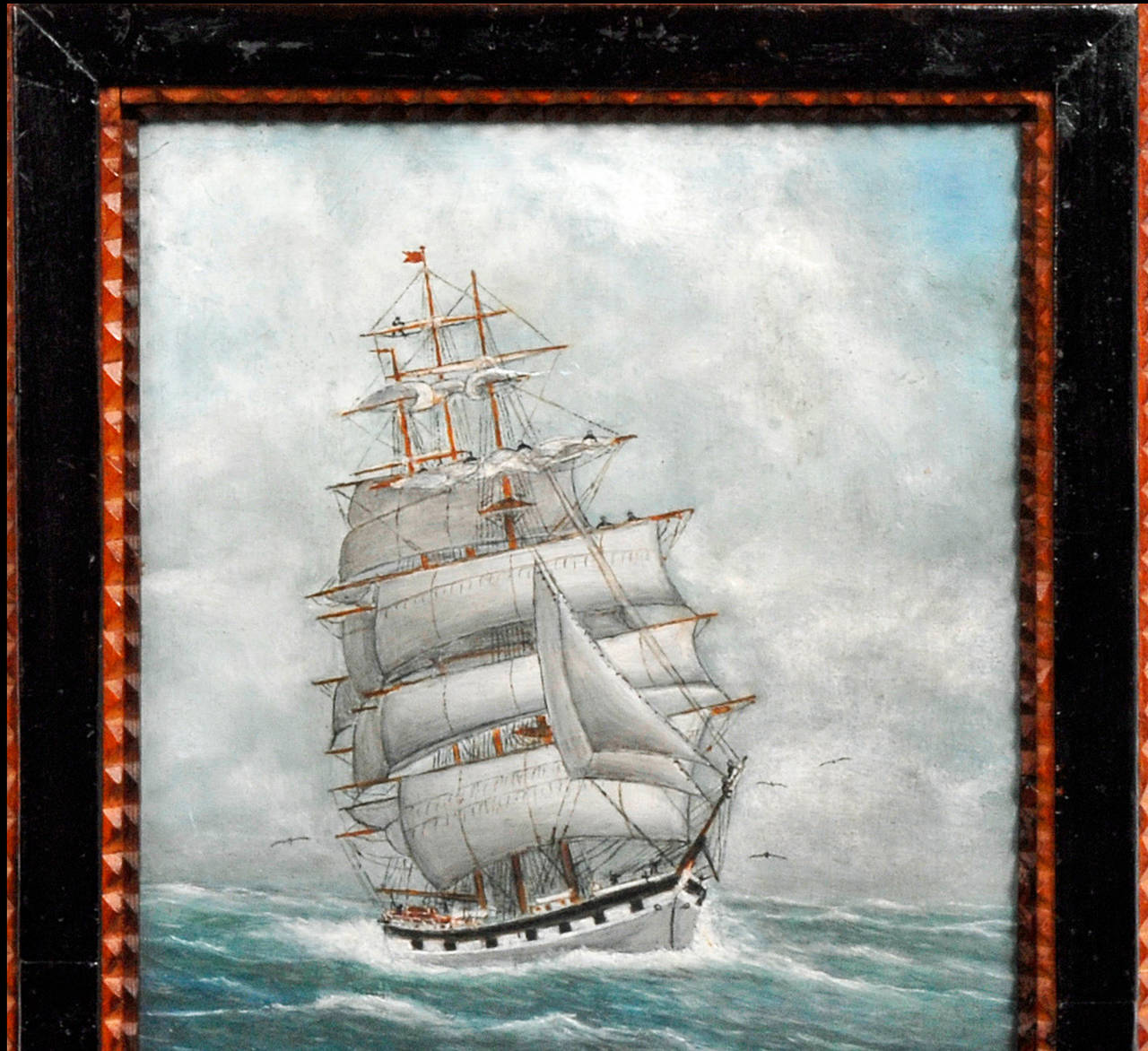 Mid-20th Century Ship Painting in Tramp Art Frame Signed For Sale