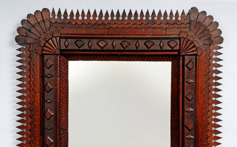 American Impressive Tramp Art Mirror with Points Surround For Sale