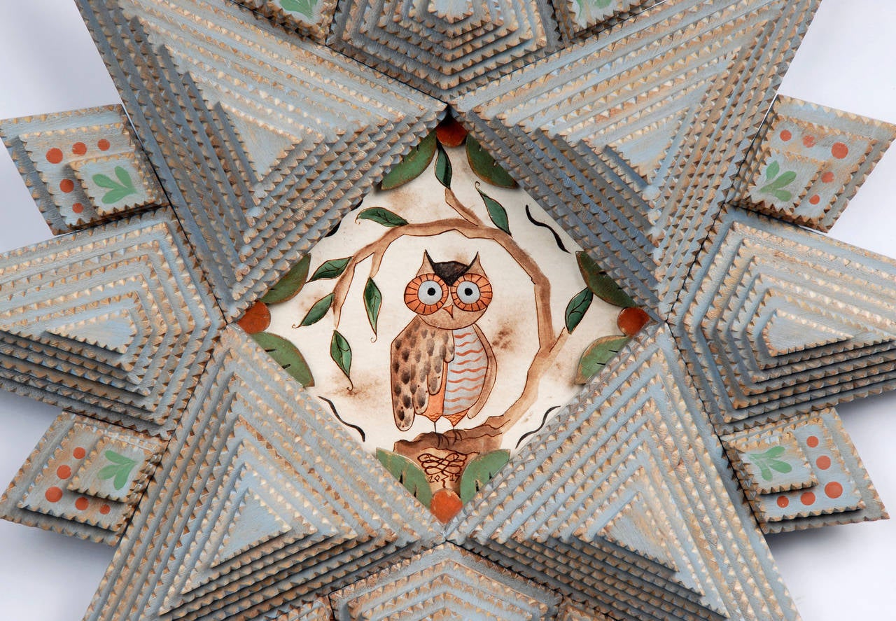 'The Curious Owl' Tramp Art Frame with Painting by Angie Dow