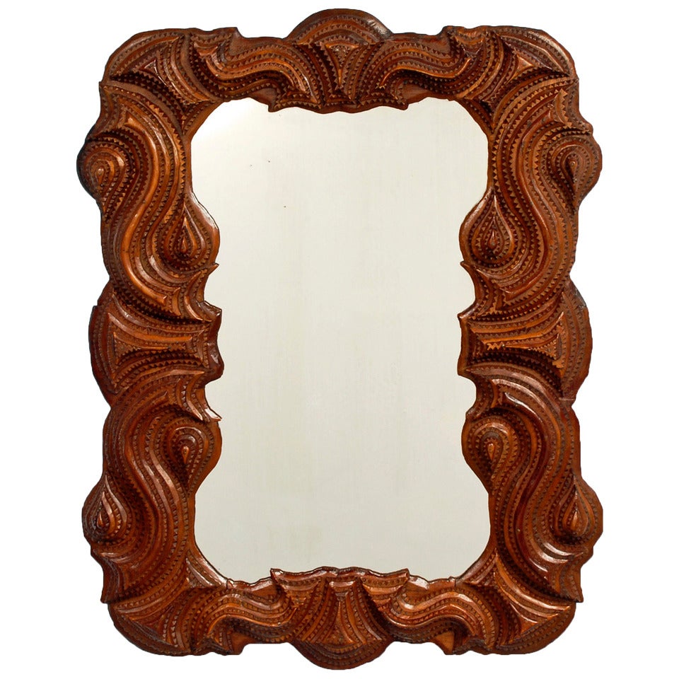 Majestic Tramp Art Mirror with Fluid Elements For Sale