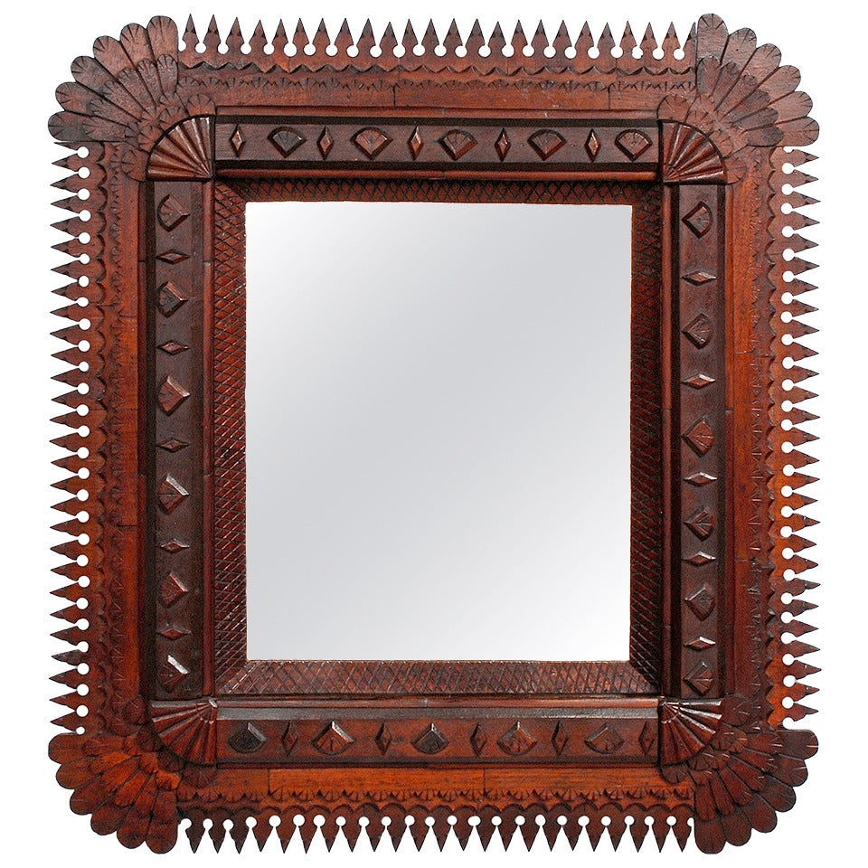 Impressive Tramp Art Mirror with Points Surround For Sale