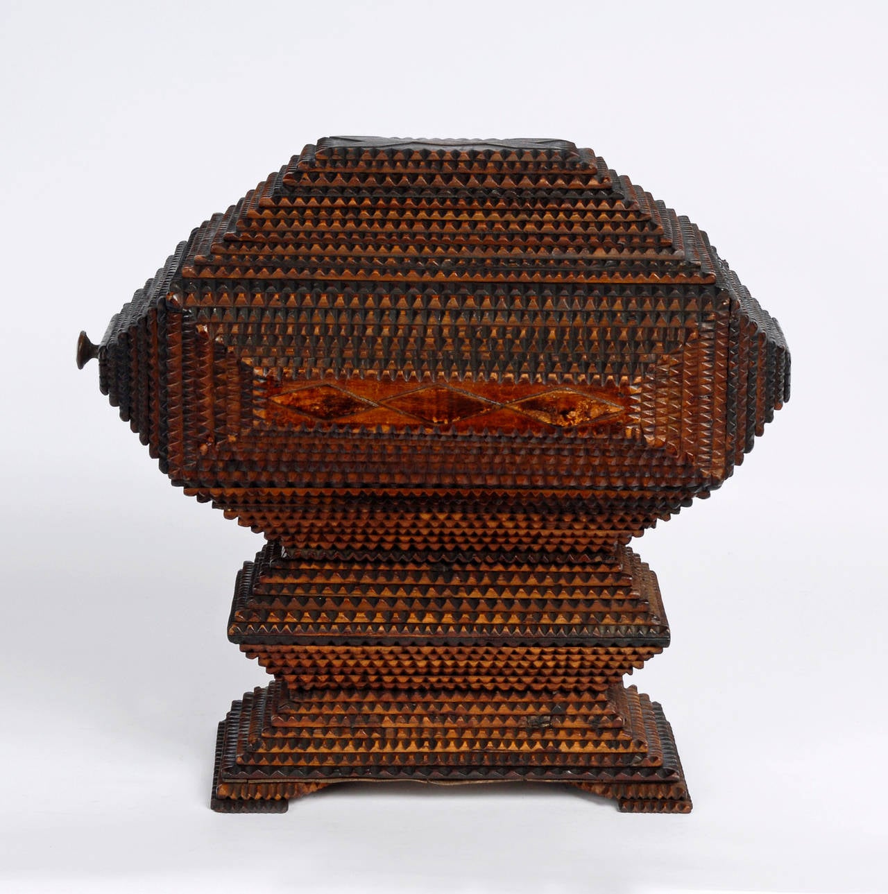 Late 19th Century Sculptural Tramp Art Pedestal Box with Drawer For Sale