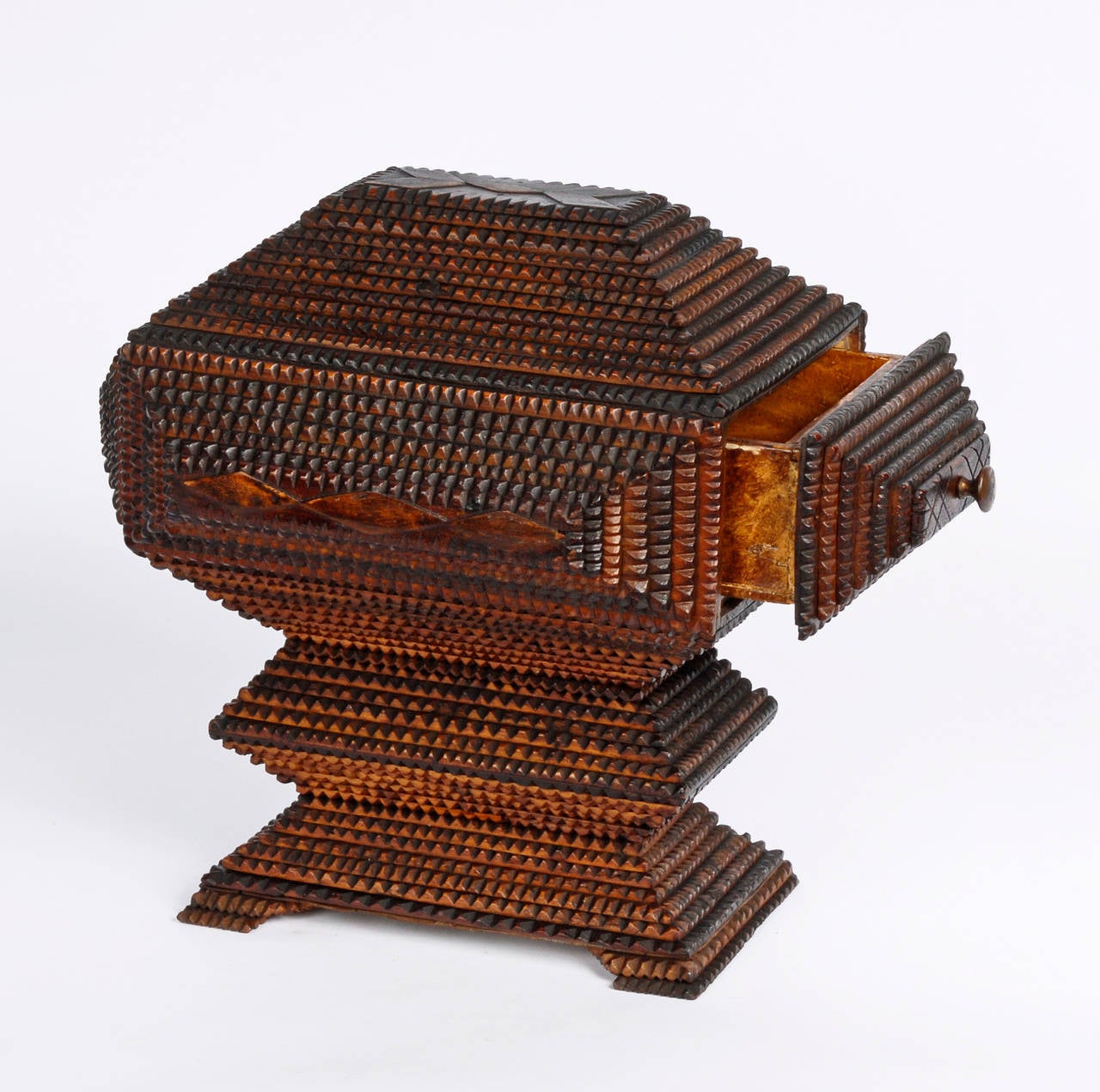 Wood Sculptural Tramp Art Pedestal Box with Drawer For Sale