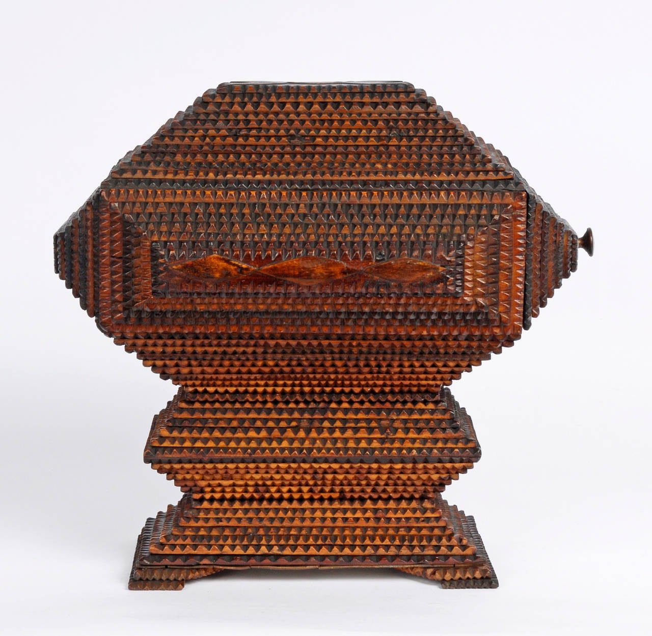 Hand-Carved Sculptural Tramp Art Pedestal Box with Drawer For Sale