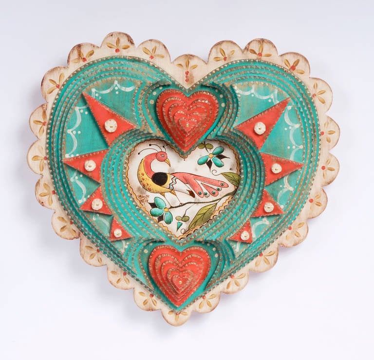 Wonderful expressive tramp art heart shaped frame with a painted fractur. Both the painting and frame are made by contemporary tramp artist Angie Dow. She calls this frame her, 