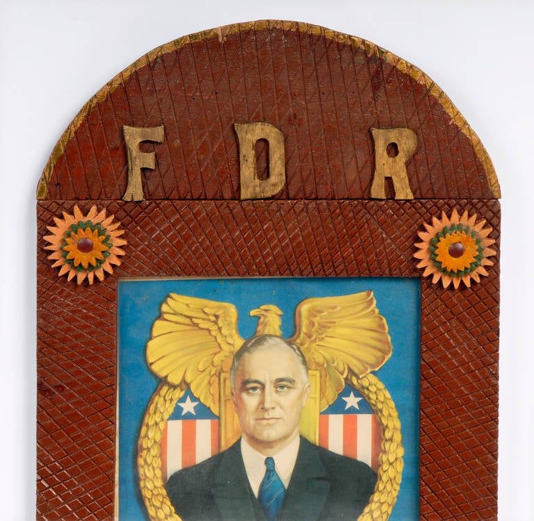Patriotic 'FDR' Tramp Art Frame with Print, 1930s In Excellent Condition In Manalapan, NJ